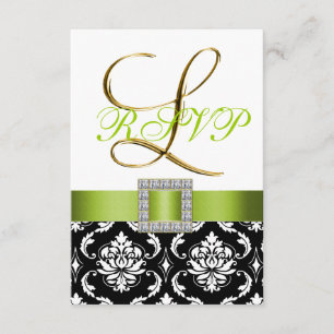 Invitation Vert Noir Blanc Damassé Initiale L Mariage RSVP