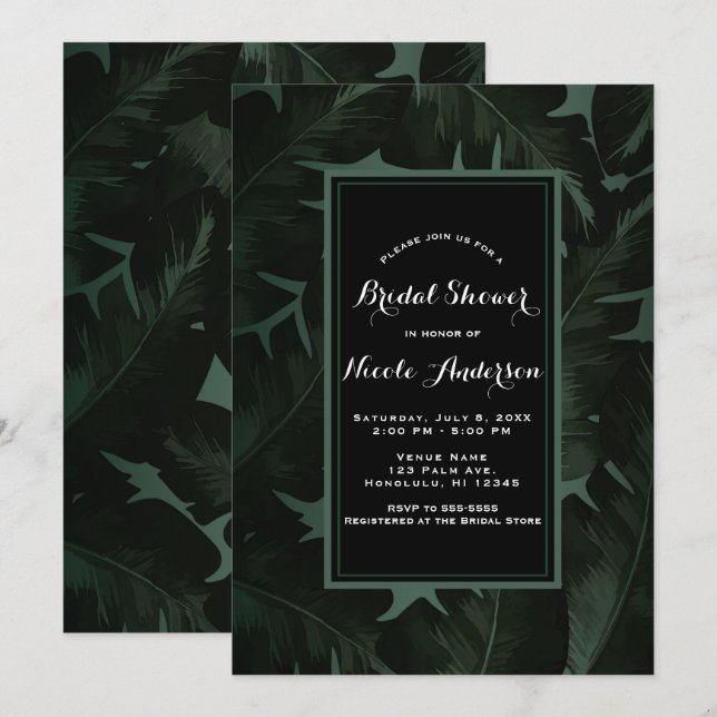 Invitation Vert & Noir Chic Feuilles Tropicales Baby Shower M (Devant / Derrière)