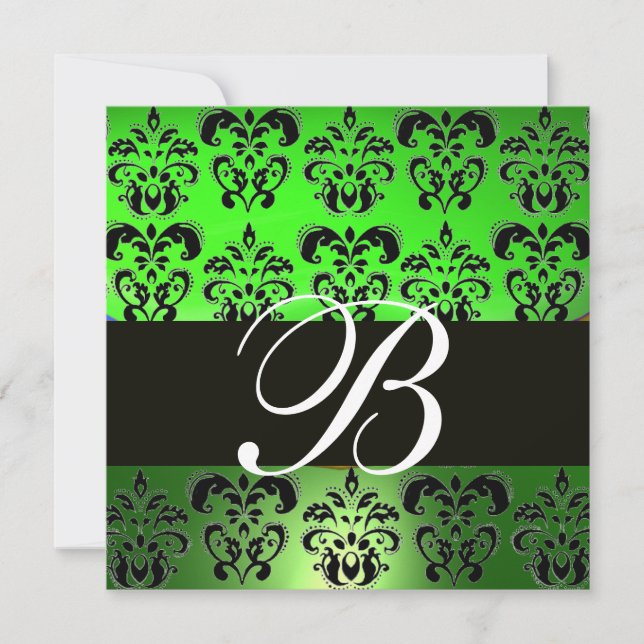 Invitation VERT NOIR  DAMAS MONOGRAMME, blanc (Devant)
