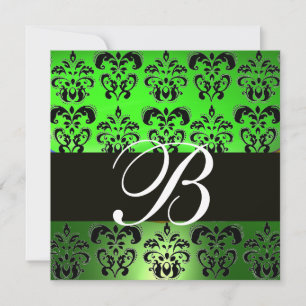 Invitation VERT NOIR  DAMAS MONOGRAMME, blanc