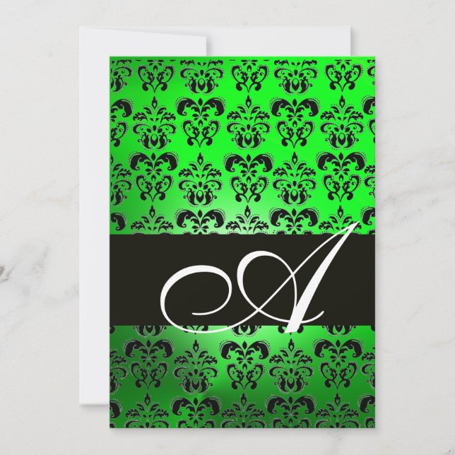 Invitation VERT NOIR DAMAS MONOGRAMME, blanc brillant (Devant)
