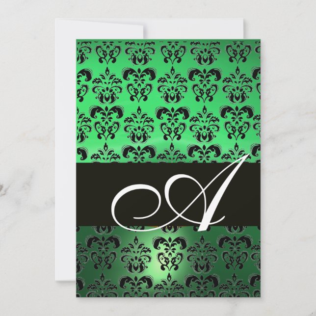 Invitation VERT NOIR DAMAS MONOGRAMME, blanc brillant (Devant)