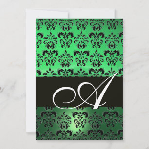 Invitation VERT NOIR DAMAS MONOGRAMME, blanc brillant