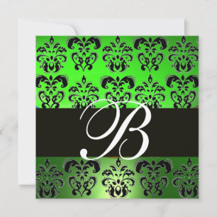 Invitation VERT NOIR  DAMASSÉ MONOGRAMME , blanc