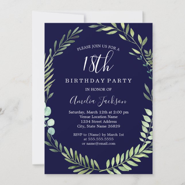 Invitation Vert Nuit Élégant Aquarelle 18e Anniversaire (Devant)