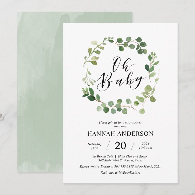 Invitation Vert Oh Baby shower Script moderne (Devant / Derrière)