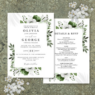 Invitation Vert olive Élégant floral tout-en-un mariage