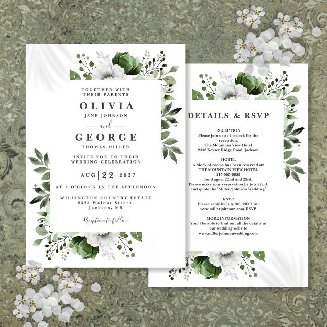 Invitation Vert olive Élégant floral tout-en-un mariage (Olive Green Elegant Floral All In One Wedding Invitation)