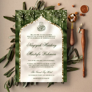 Invitation Vert olive et or ivoire Arc musulman paillettes