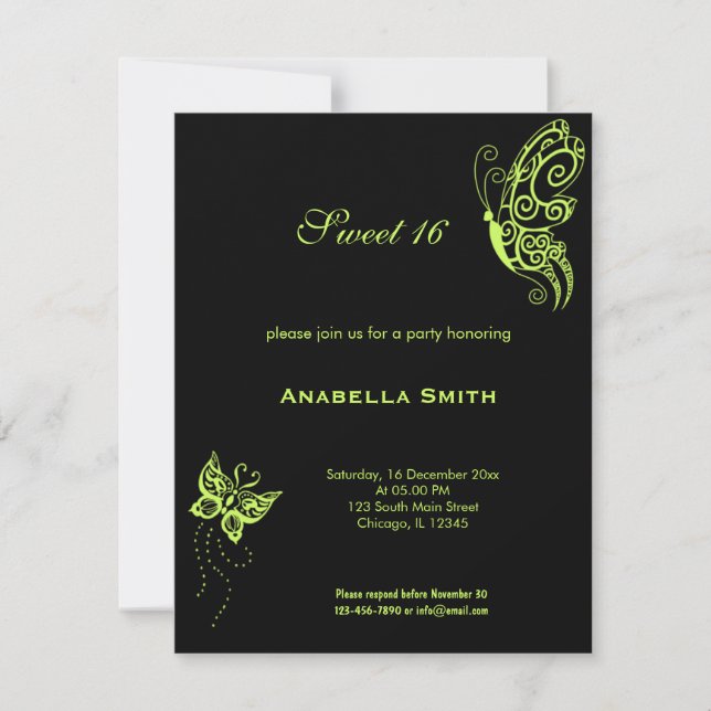 Invitation Vert olive foncé Sweet 16 Papillons (Devant)