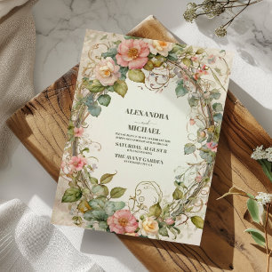 Invitation Vert olive rose floral Art Nouveau  Mariage 