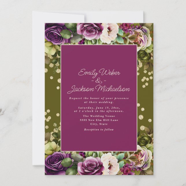 Invitation Vert olive rose violet aquarelle florale (Devant)