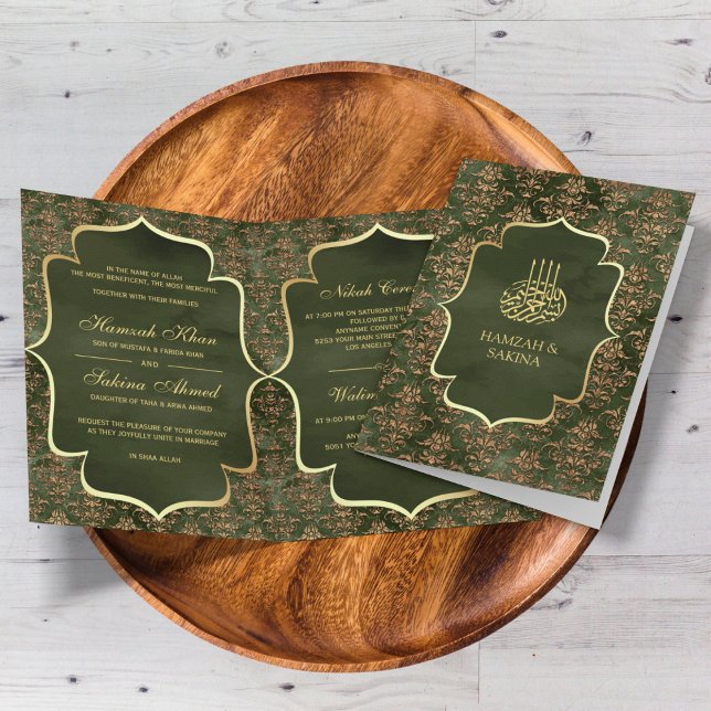Invitation Vert olive rustique doré damasque mariage musulman (Créateur téléchargé)