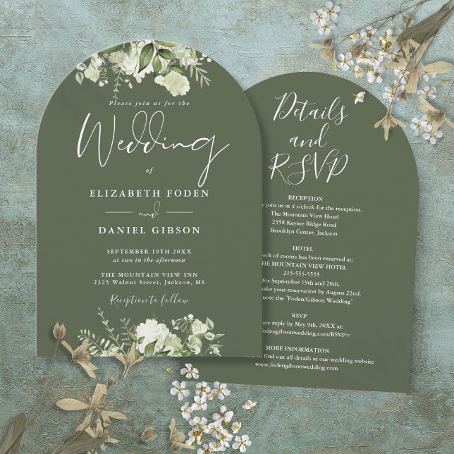 Invitation Vert olive rustique Tout en un Mariage d'arc flora (Rustic Olive Green All In One Floral Arch Wedding Invitation)