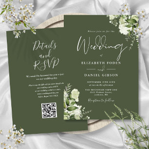 Invitation Vert olive vert verdure Floral QR Code Mariage