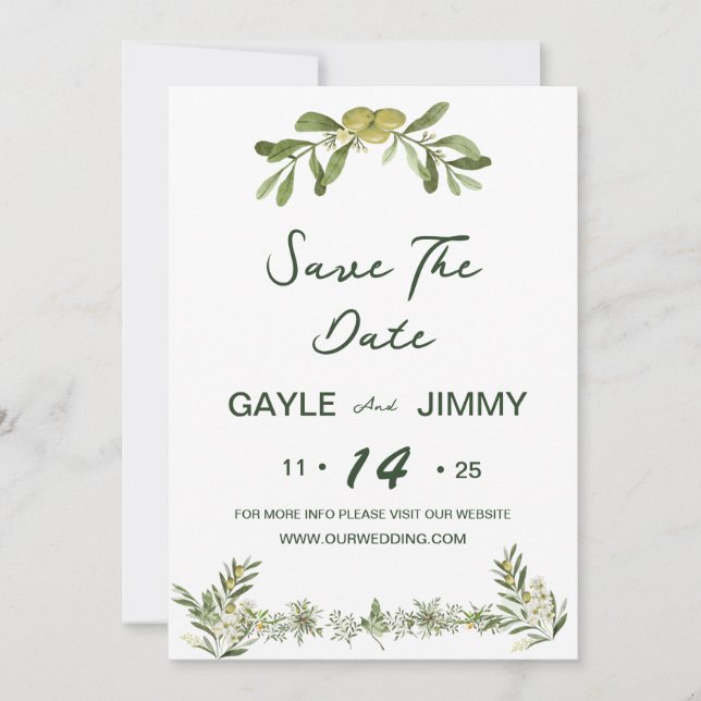 Invitation Vert Olivier Moderne Sauvez La Date (Devant)