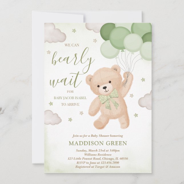 Invitation Vert on peut attendre Baby shower (Devant)