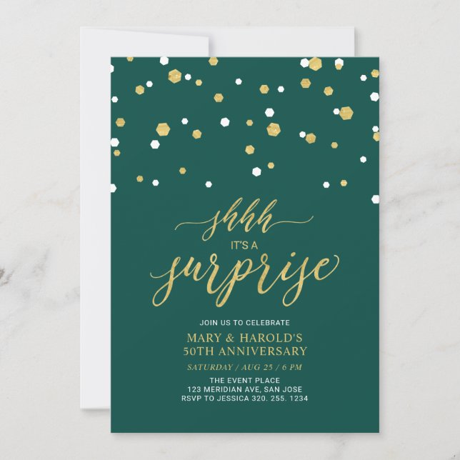 Invitation Vert & Or | 50e anniversaire du Mariage surprise (Devant)