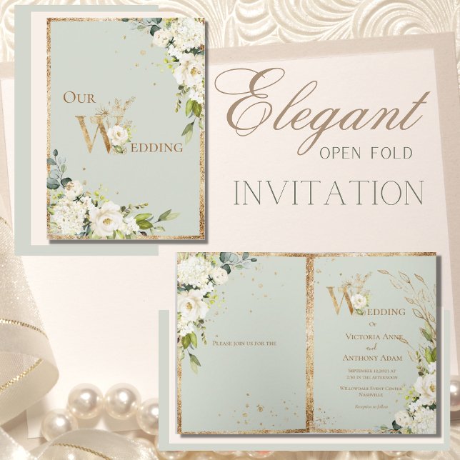 Invitation Vert Or Blanc Floral Élégant Mariage (Créateur téléchargé)