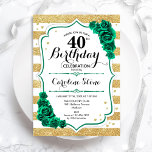 Invitation Vert or blanc rayures florales 40e anniversaire<br><div class="desc">Invitation à la fête du 40e anniversaire. Elégant design floral vert émeraude avec rose. Fonctionne de faux parties scintillant or et bandes blanches et police de script. Idéal pour une célébration anniversaire féminine élégante. Peut être customisé pour n'importe quel âge ! Invitations Zazzle imprimées ou téléchargement instantané modèle imprimable numérique....</div>