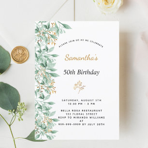 Invitation Vert or botanique verte anniversaire blanc