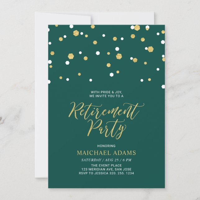 Invitation Vert & Or | Confettis Hexagonaux Fête de Retraite (Devant)