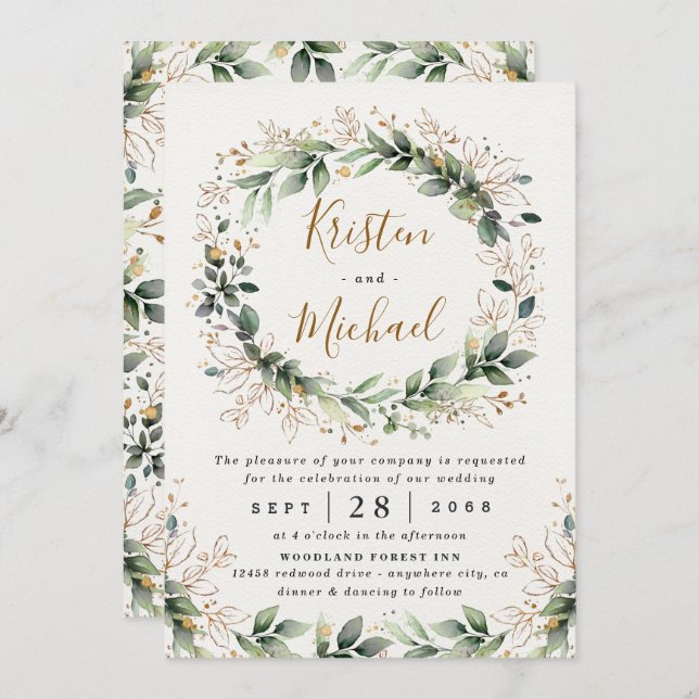 Invitation Vert or Elégant Aquarelle Boho Mariage feuille (Devant / Derrière)