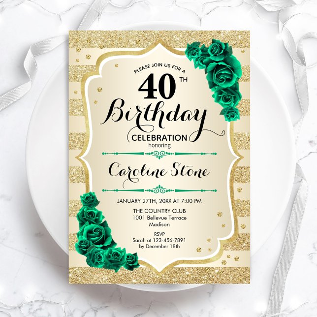 Invitation Vert or élégant Floral 40e anniversaire (Créateur téléchargé)