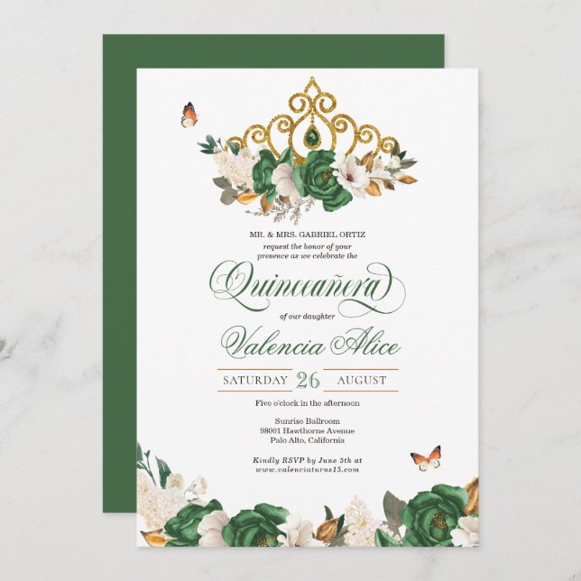 Invitation Vert & Or Floral Tiara Butterfly Quinceañera (Devant / Derrière)