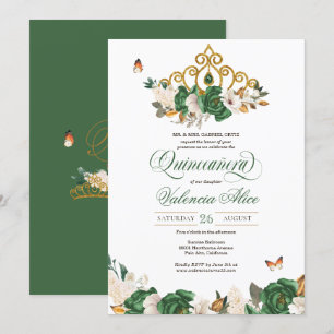 Invitation Vert & Or Floral Tiara Butterfly Quinceañera