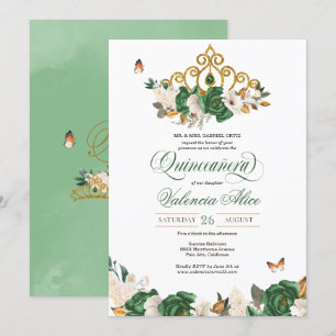 Invitation Vert & Or Floral Tiara Butterfly Quinceañera
