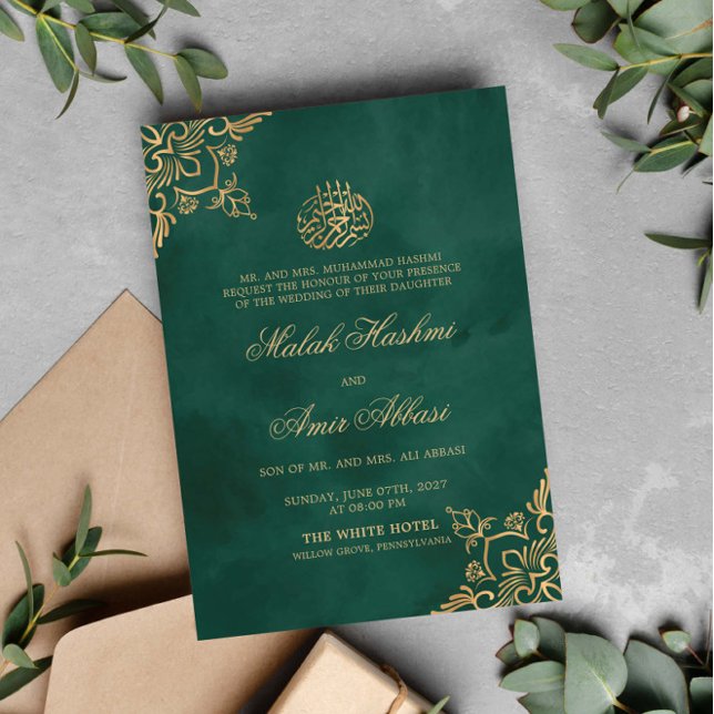 Invitation Vert & Or Oriental Motif islamique Mariage musulma (Créateur téléchargé)