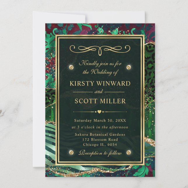 Invitation Vert Or Pailleté Agate Jungle Mariage (Devant)
