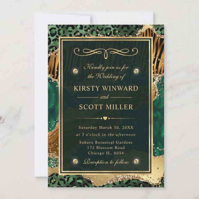 Invitation Vert Or Pailleté Jungle Agate Mariage (Devant)