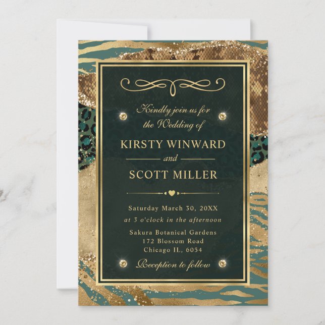 Invitation Vert Or Pailleté Mariage Agate Jungle (Devant)
