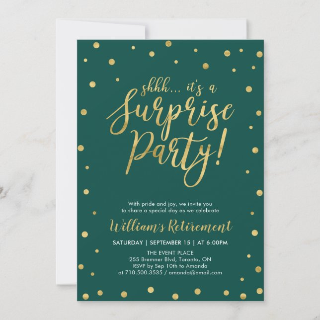 Invitation Vert & Or | Parti de retraite surprise moderne (Devant)