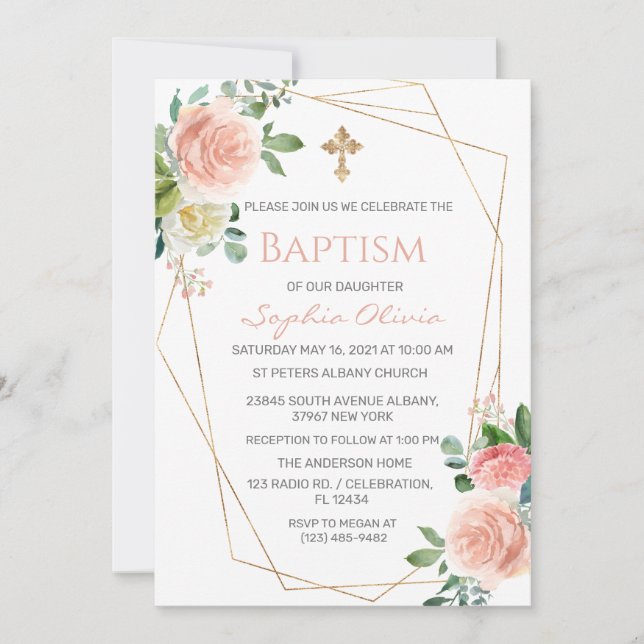 Invitation Vert or rose Eucalyptus Girl Baptism Invitat (Devant)