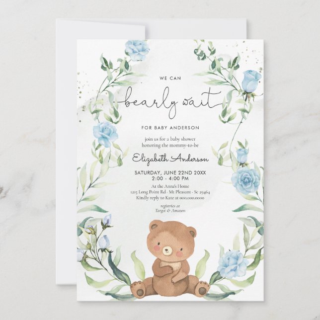 Invitation Vert Ours Bleu Fleurs Baby shower garçon (Devant)