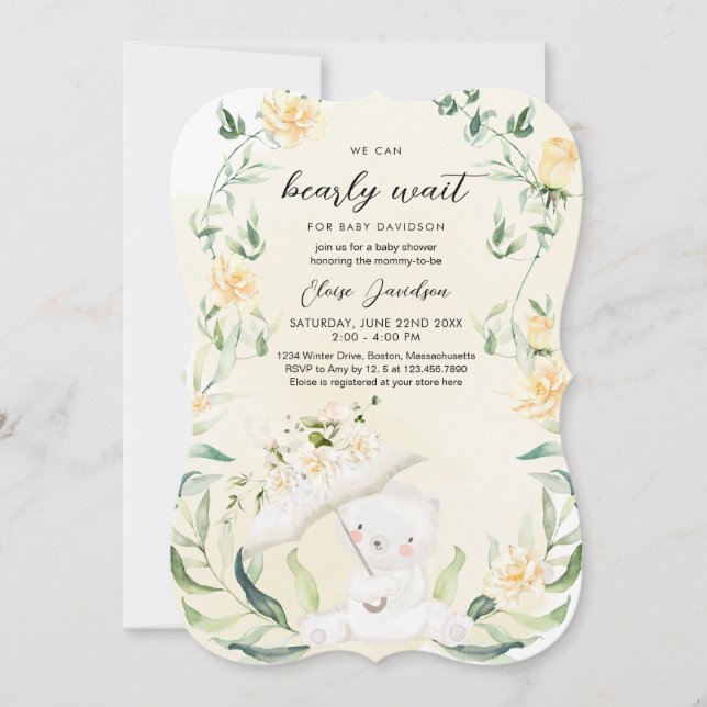 Invitation Vert Ours Genre Neutre Baby shower Jaune I (Devant)