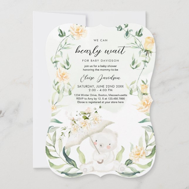 Invitation Vert Ours Genre Neutre Baby shower Jaune I (Devant)