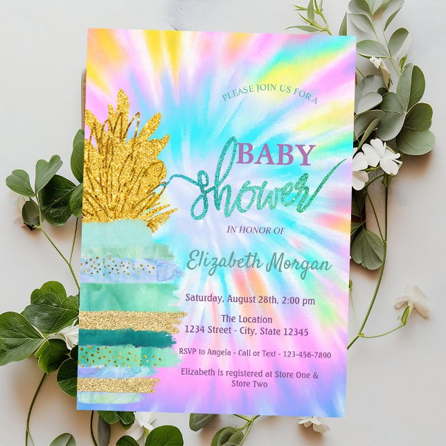 Invitation Vert Pailleté Fête de Naissance Tye-Dye Ananas (Créateur téléchargé)