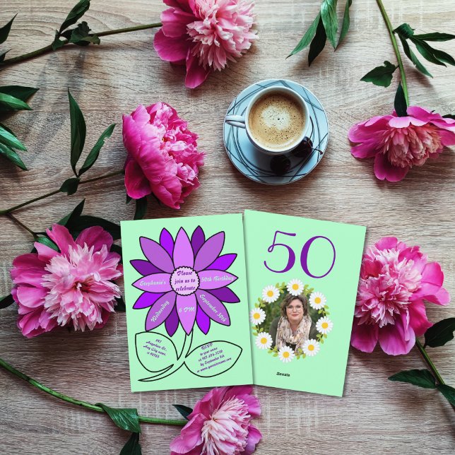 Invitation Vert pâle 50e anniversaire Simple violet tournesol (Créateur téléchargé)