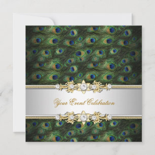 Invitation Vert Paon Bleu Or Élégant Fête