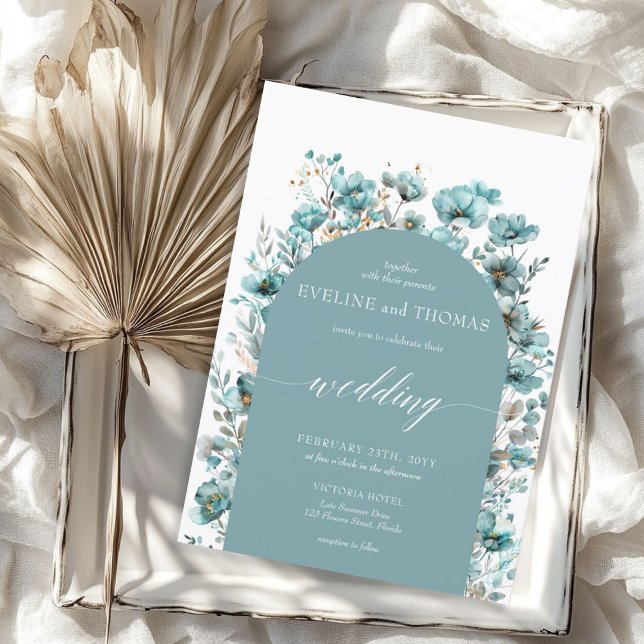 Invitation Vert pastel doux minimaliste turquoise fleurs sauv (Soft pastel green minimalist turquoise wildflowers invitation)