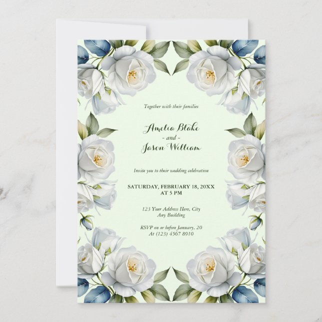 Invitation Vert Pastel Rose blanche Floral Mariage frontière (Devant)