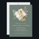 Invitation Vert pin | Soirée de Noël Soirée Soirée Soirée Soi<br><div class="desc">Invitations de Noël d'inspiration rustique avec une illustration aquarelle de couverts en or avec baies sèches et aiguilles de pin. Le texte est entièrement modifiable,  y compris le texte de l'événement. Couleur vert foncé de la forêt.</div>
