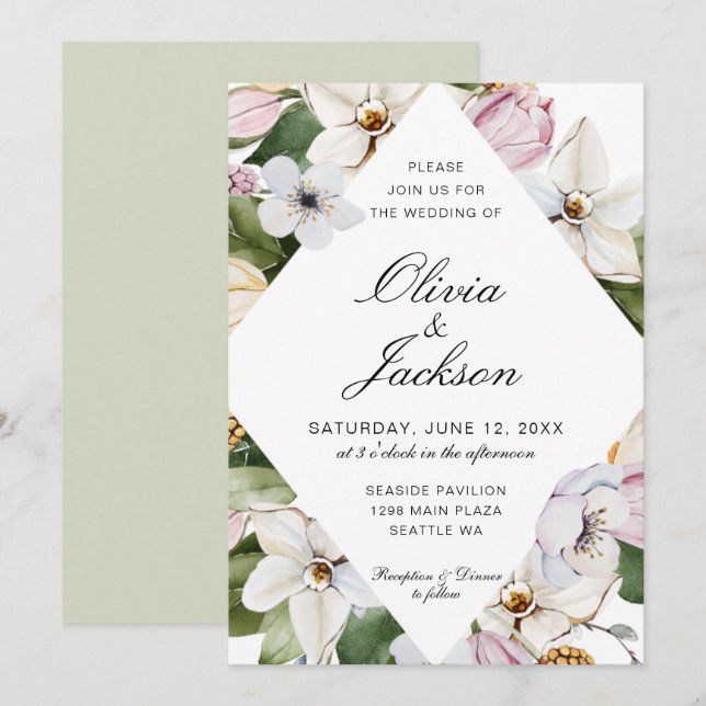 Invitation Vert printemps | Mariage floral rose Tulip Daffodi (Devant / Derrière)