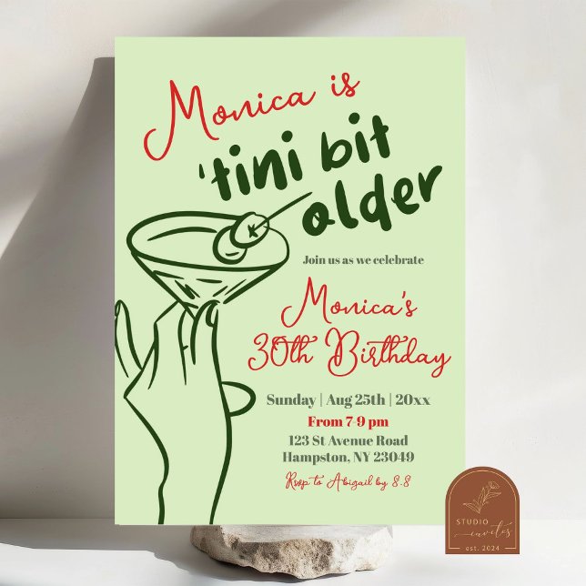 Invitation Vert Rétro Martini Dessiné à la Main 30e Anniversa (Créateur téléchargé)