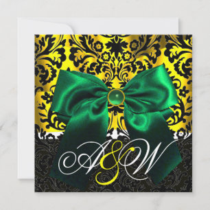 INVITATION VERT RIBBON OR JAUNE BLACK DAMASK MONOGRAM