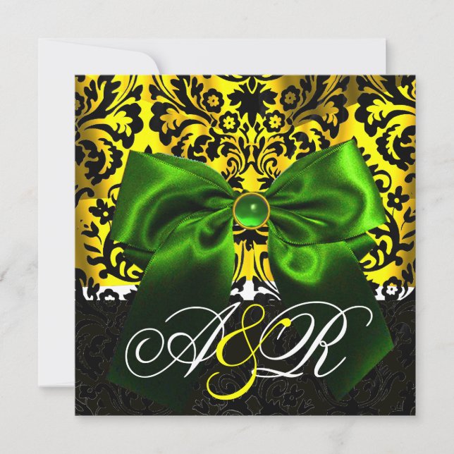 INVITATION VERT RIBBON OR JAUNE BLACK DAMASK MONOGRAM (Devant)